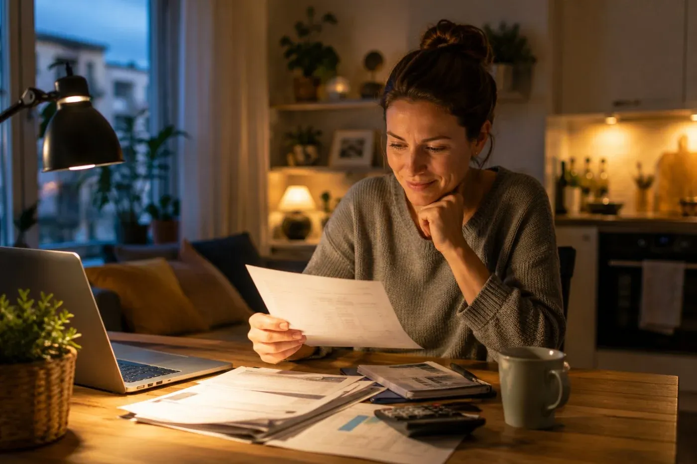 A woman at home in the evening calmly reviewing her heating bill at her laptop