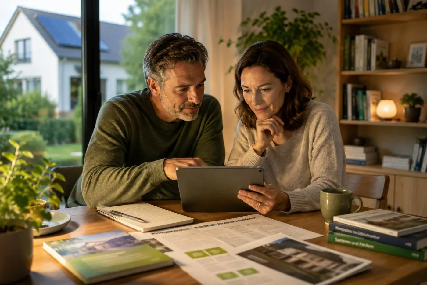 A couple at home reviewing renovation and funding brochures on a tablet, their solar-panelled house visible through the window