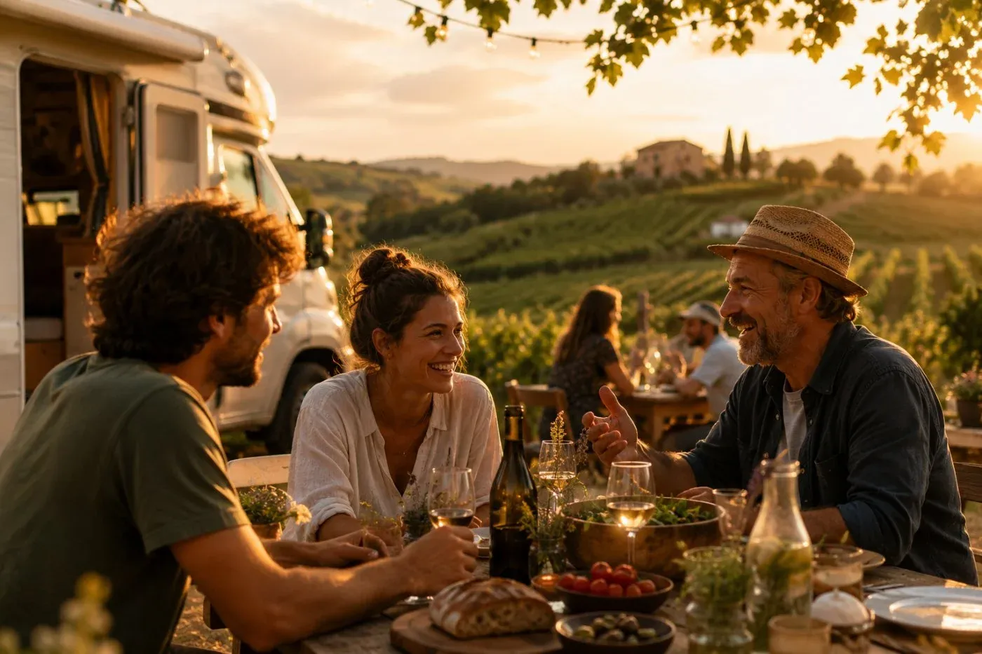 Travelers and a vineyard host sharing wine and dinner at a long table by their camper at golden hour in Tuscany