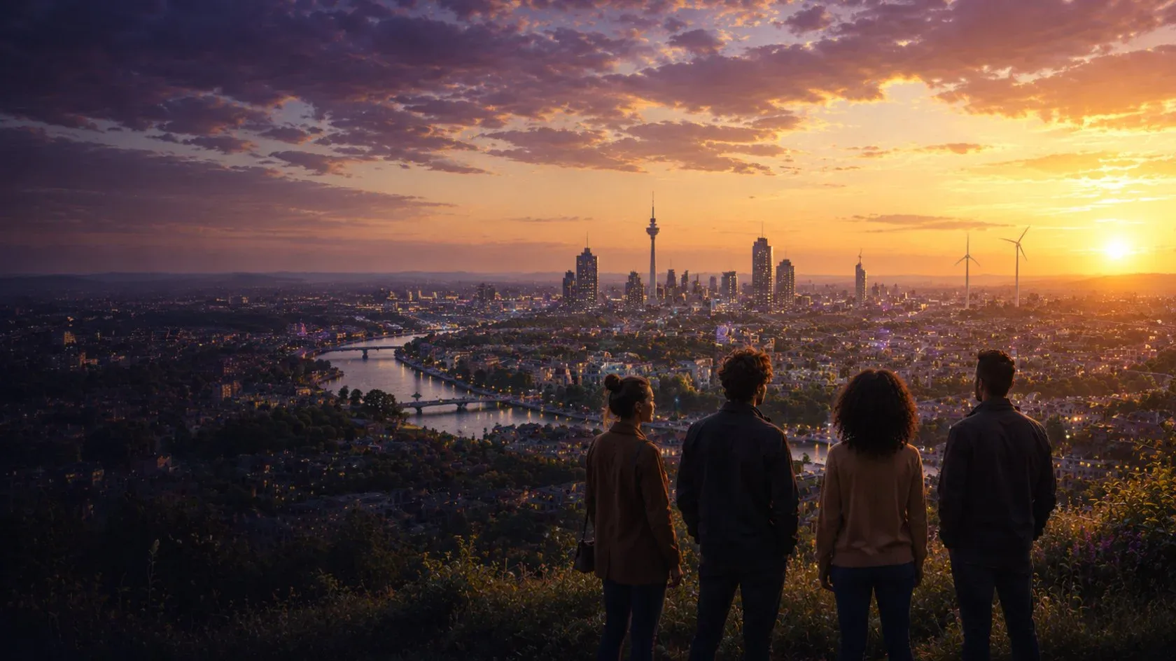 Four people on a hilltop looking out over a connected city at violet sunset, with wind turbines and a glowing network — a vision of a shared sustainable future