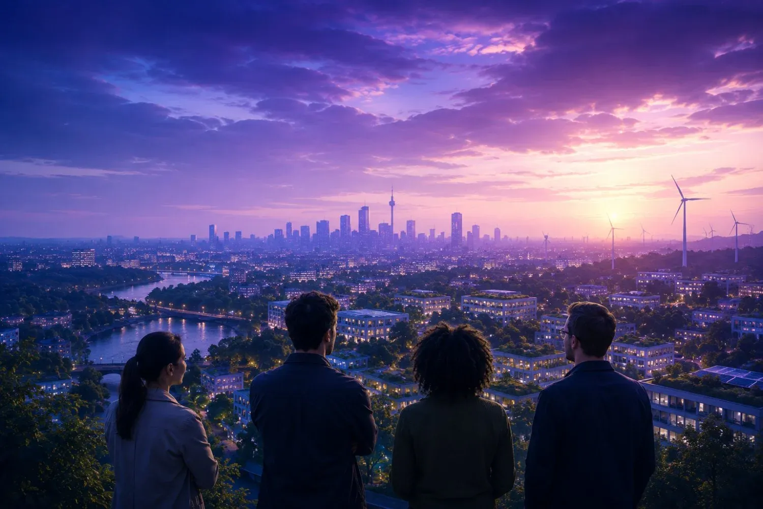 Four people looking out over a green city at violet sunset, with wind turbines on the horizon