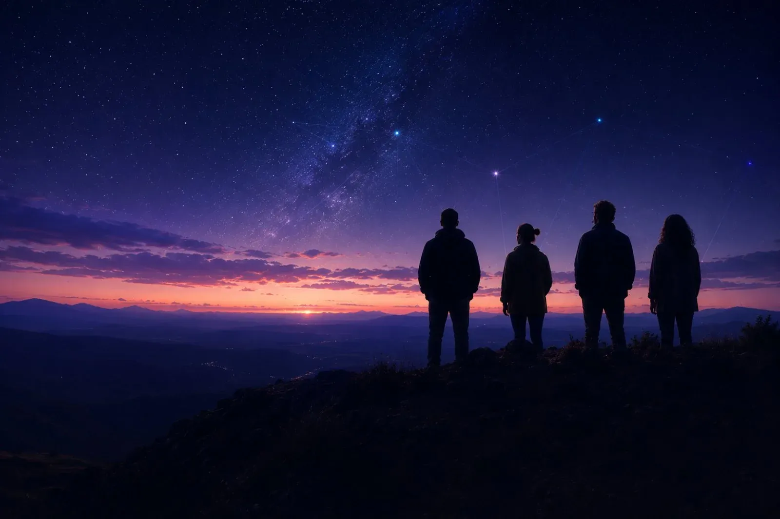Four people on a ridge at dusk beneath a starry sky woven with a glowing constellation network