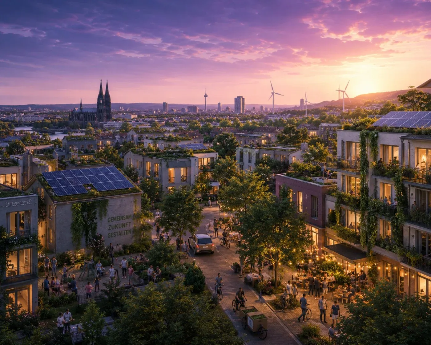 A green-retrofitted city quarter at violet sunset — solar roofs, wind turbines and a lively community plaza, the CO2Hive coming together
